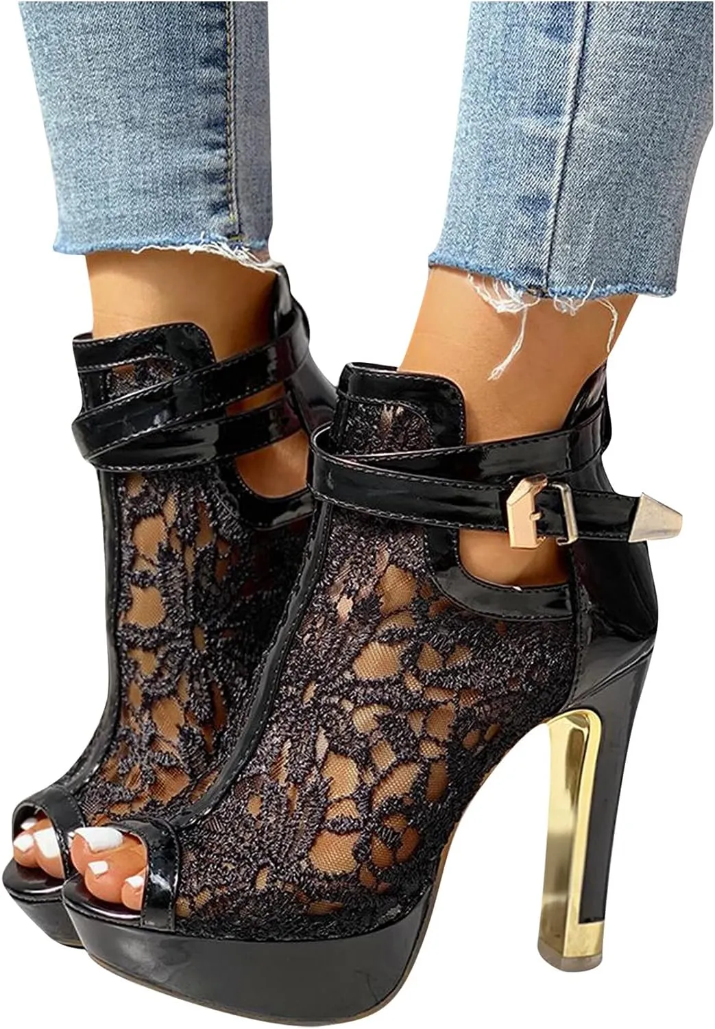 Sandals Mesh High Zip Ladies Sexy Up Shoes Lace Hollow Heel Floral Womens Casual Women's Rose Sandals for Women