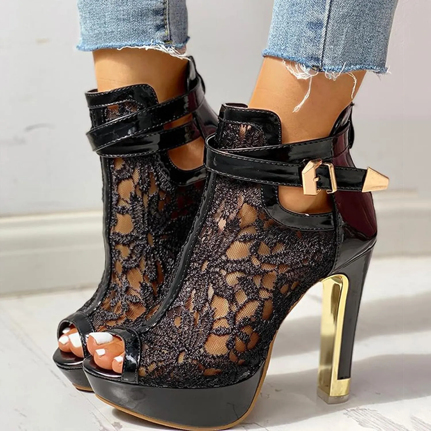 Sandals Mesh High Zip Ladies Sexy Up Shoes Lace Hollow Heel Floral Womens Casual Women's Rose Sandals for Women