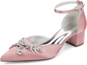 Satin Bridal Wedding Shoes Women's Closed Toe Rhinestone Pointed Mid Heel Wedding Party Dress Shoes