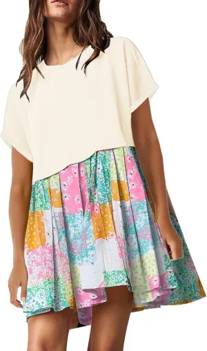 SAUKOLE Womens Summer Crew Neck Short Sleeve Dress Patchwork Pleated A Line Beach Boho Mini Dress