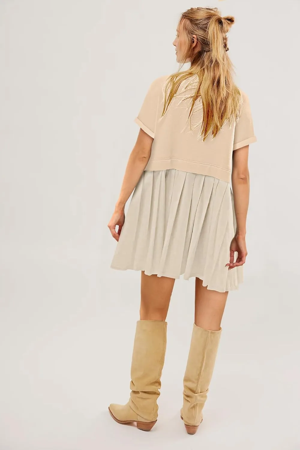 SAUKOLE Womens Summer Crew Neck Short Sleeve Dress Patchwork Pleated A Line Beach Boho Mini Dress