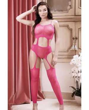 Sheer Afterglow Cut Out Teddy W-attached Footless Stockings Berry Pink O-s