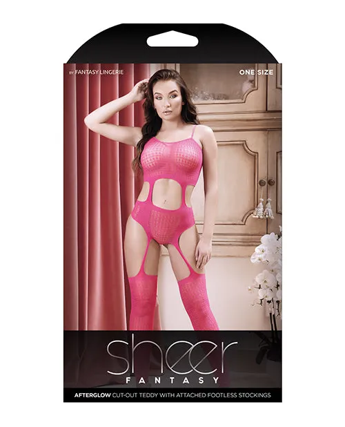 Sheer Afterglow Cut Out Teddy W-attached Footless Stockings Berry Pink O-s