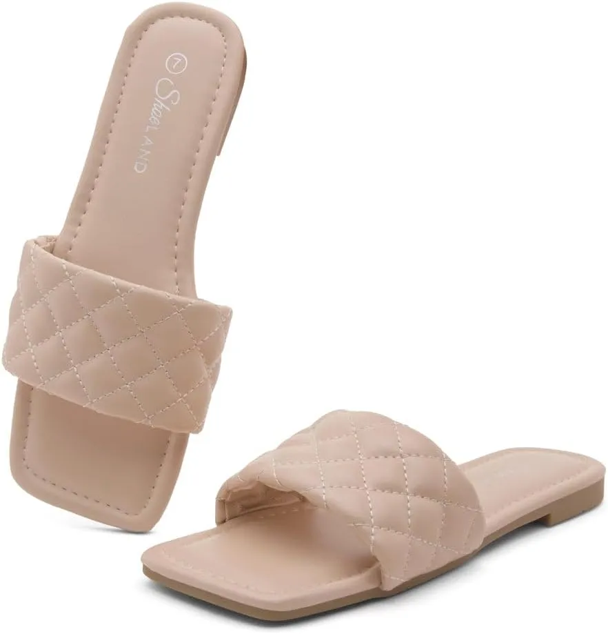 Shoe Land Women’s Flat Sandals – Quilted One-Band Fashion Slides with Square Open Toe & Comfort Footbed | Dressy Casual Slip-On Sandals for Summer, Travel & Daily Wear