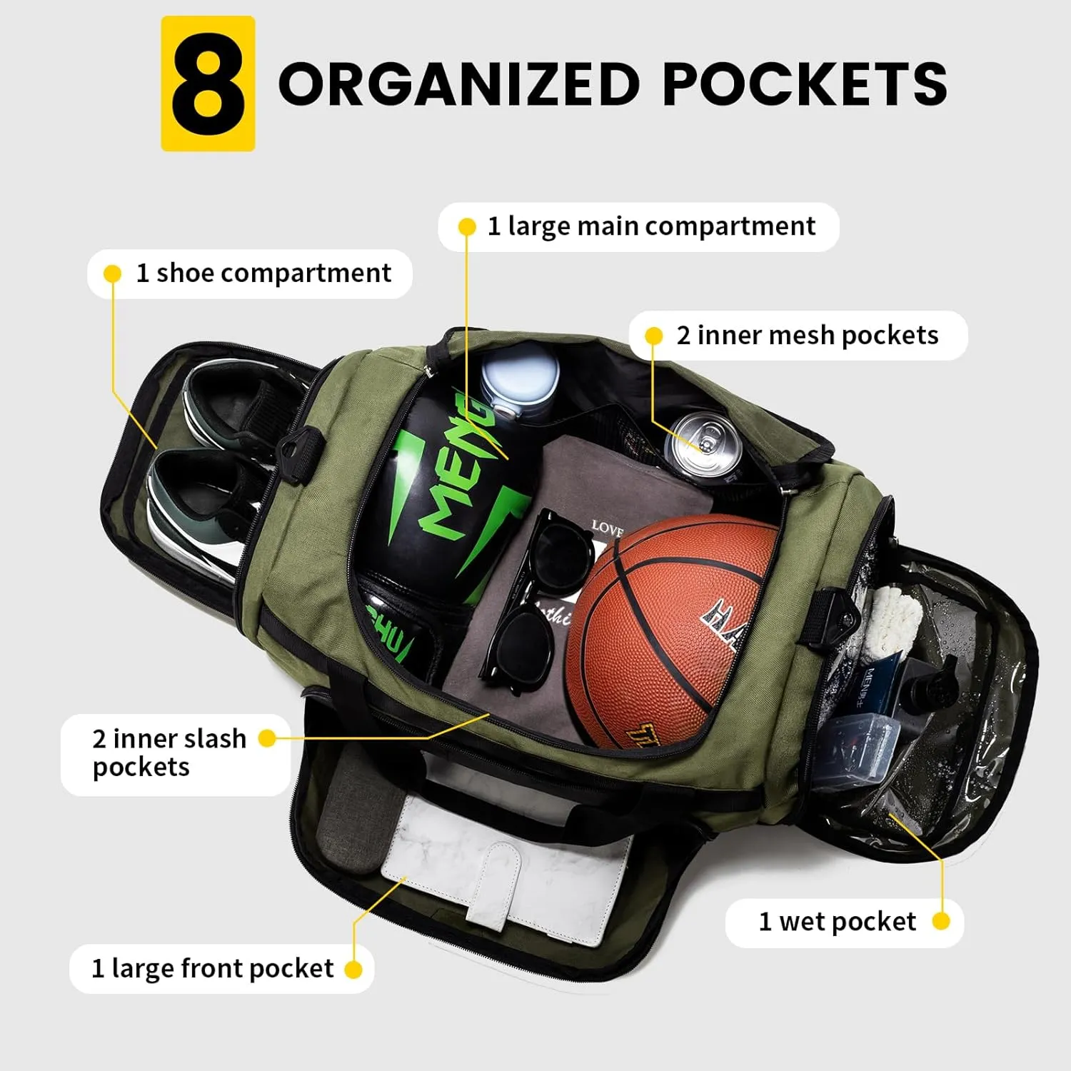 Small Gym Bag - 40L Duffle Bag for Men Women Lightweight Duffel Bag with Shoe Compartment Wet Pocket Travel Bag Sports Bag for Sports Gym Travel - Black, Green
