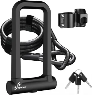 Sportneer Bike Lock: 18mm Heavy Duty Anti Theft Bike U Lock with 5ft Security Steel Cable - Shackle Bicycle U-Locks with 3 Keys & Sturdy Mounting Bracket for Road, Mountain, Electric & Folding Bike
