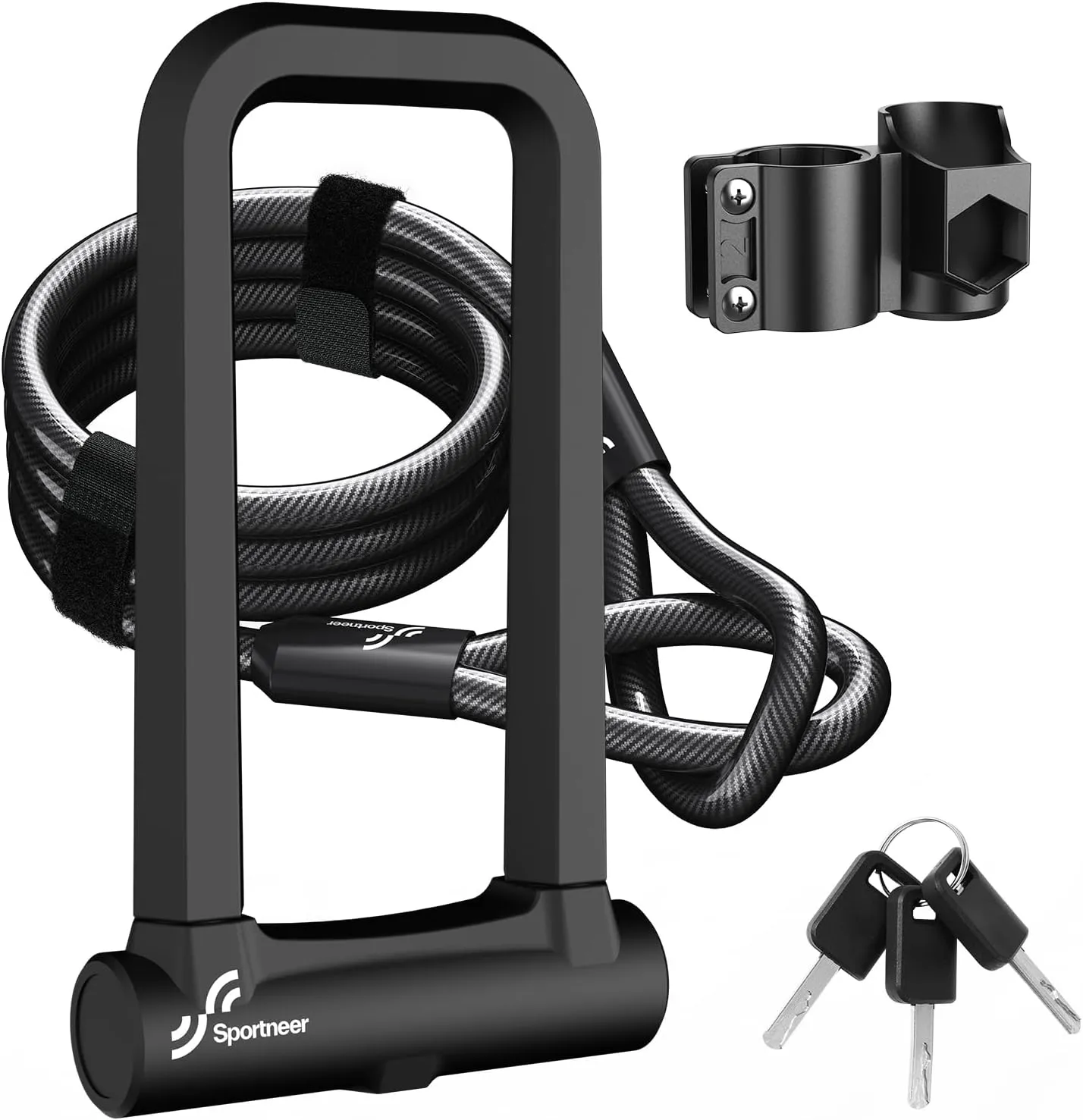 Sportneer Bike Lock: 18mm Heavy Duty Anti Theft Bike U Lock with 5ft Security Steel Cable - Shackle Bicycle U-Locks with 3 Keys & Sturdy Mounting Bracket for Road, Mountain, Electric & Folding Bike