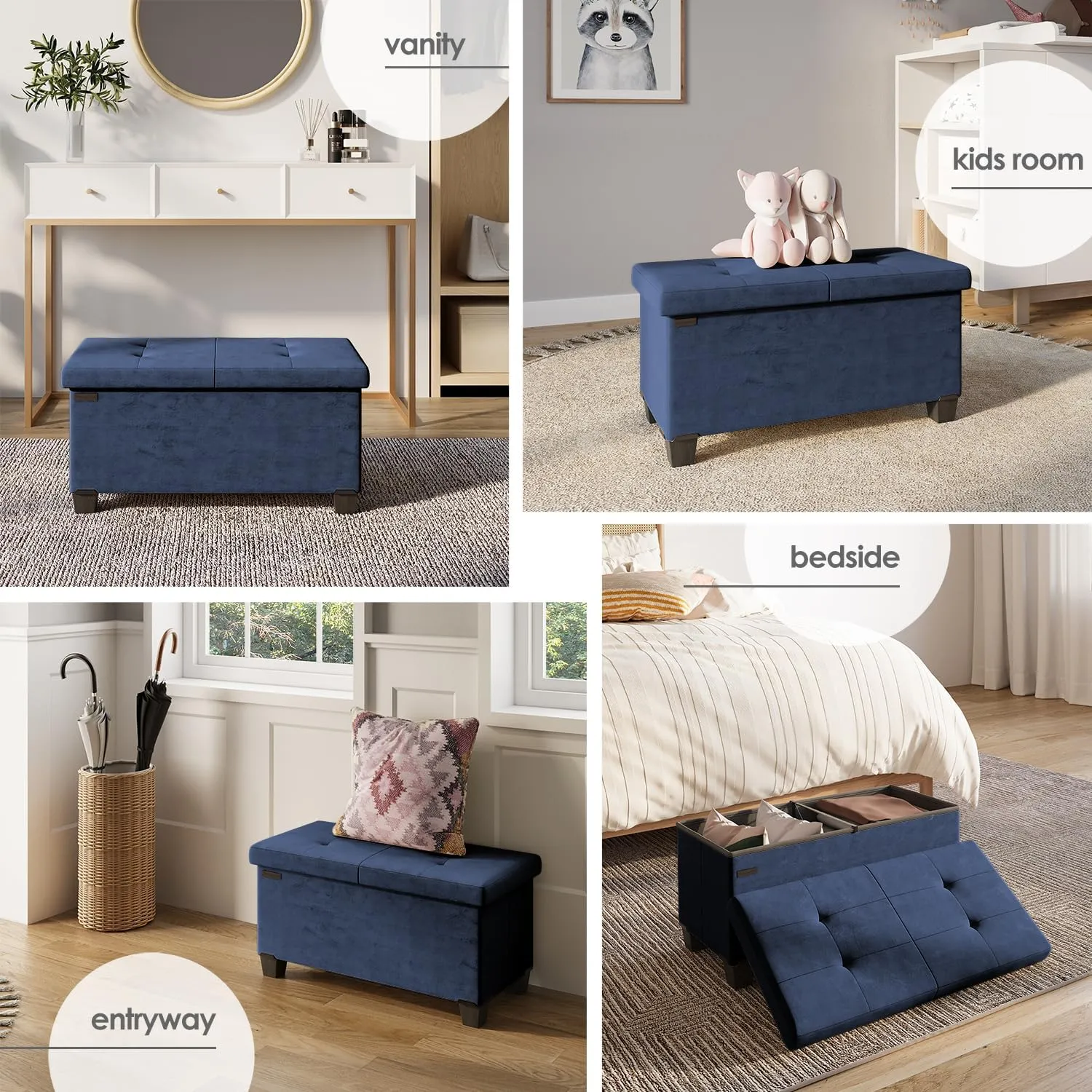 STORAGEBUD Storage Ottoman Bench with Bins, 30-in Storage Bench for Bedroom End of Bed, Folding Foot Rest Ottoman for Living Room Max 660lbs, Velvet Ottomans, Blue