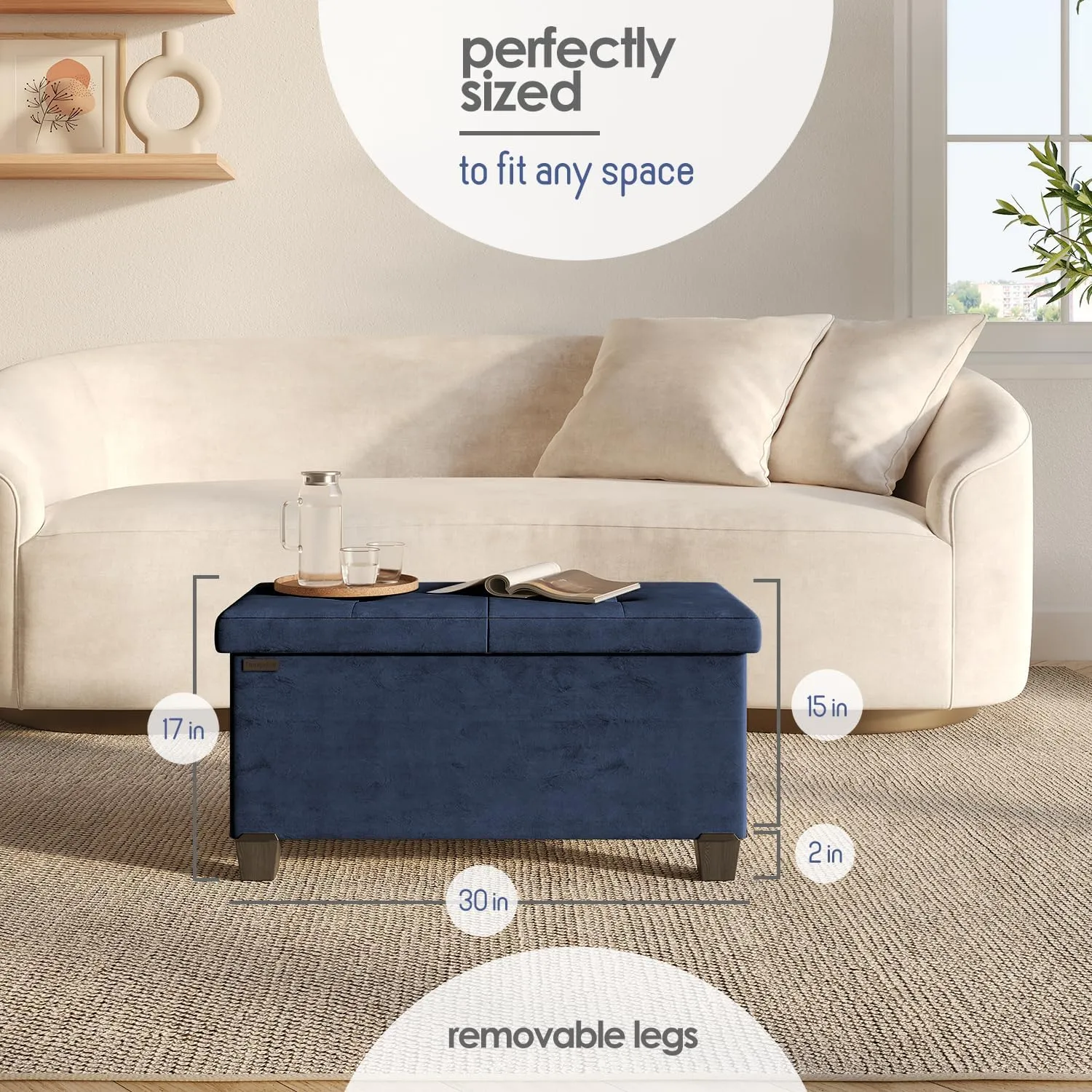 STORAGEBUD Storage Ottoman Bench with Bins, 30-in Storage Bench for Bedroom End of Bed, Folding Foot Rest Ottoman for Living Room Max 660lbs, Velvet Ottomans, Blue