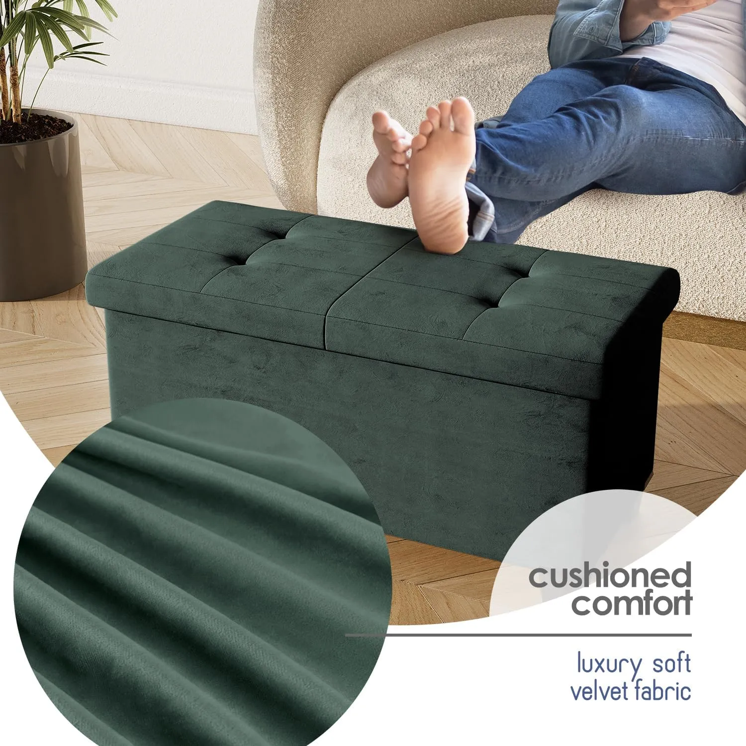 STORAGEBUD Storage Ottoman Bench with Bins, 30-in Storage Bench for Bedroom End of Bed, Folding Foot Rest Ottoman for Living Room Max 660lbs, Velvet Ottomans, Green