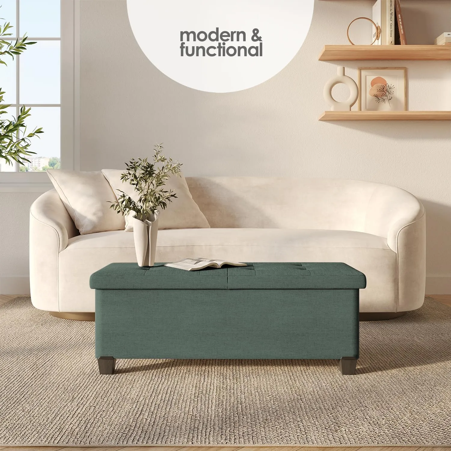 STORAGEBUD Storage Ottoman Bench with Bins, 43-in Storage Bench for Bedroom End of Bed, Folding Foot Rest Ottoman for Living Room Max 660lbs, Fabric Ottomans, Green