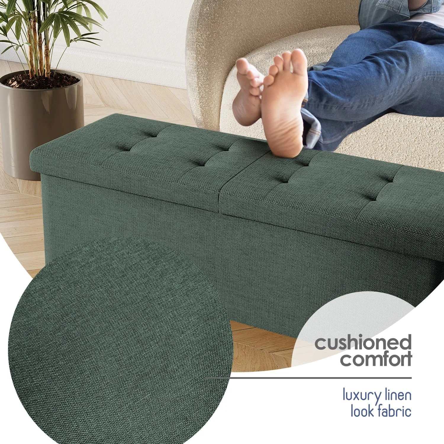 STORAGEBUD Storage Ottoman Bench with Bins, 43-in Storage Bench for Bedroom End of Bed, Folding Foot Rest Ottoman for Living Room Max 660lbs, Fabric Ottomans, Green