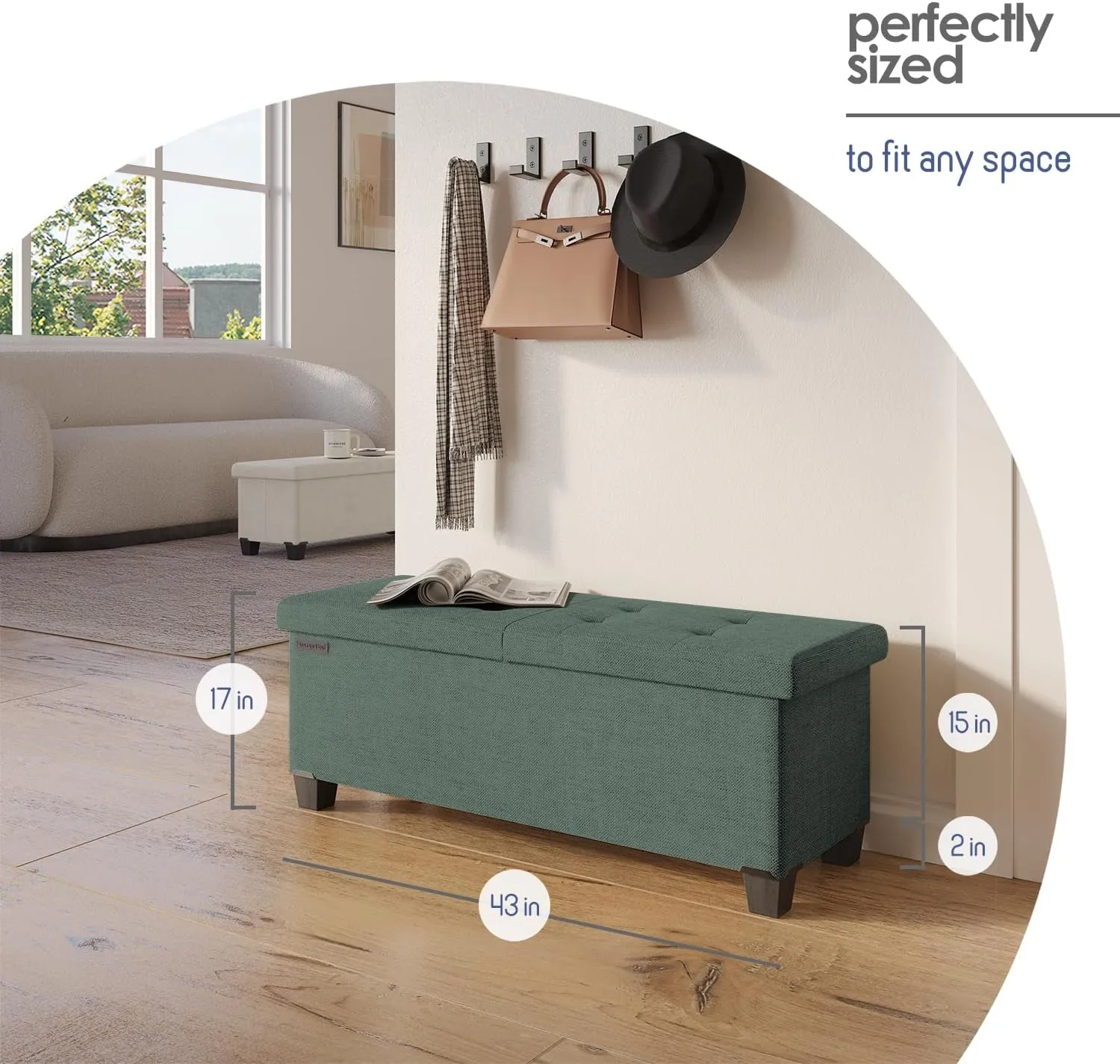 STORAGEBUD Storage Ottoman Bench with Bins, 43-in Storage Bench for Bedroom End of Bed, Folding Foot Rest Ottoman for Living Room Max 660lbs, Fabric Ottomans, Green