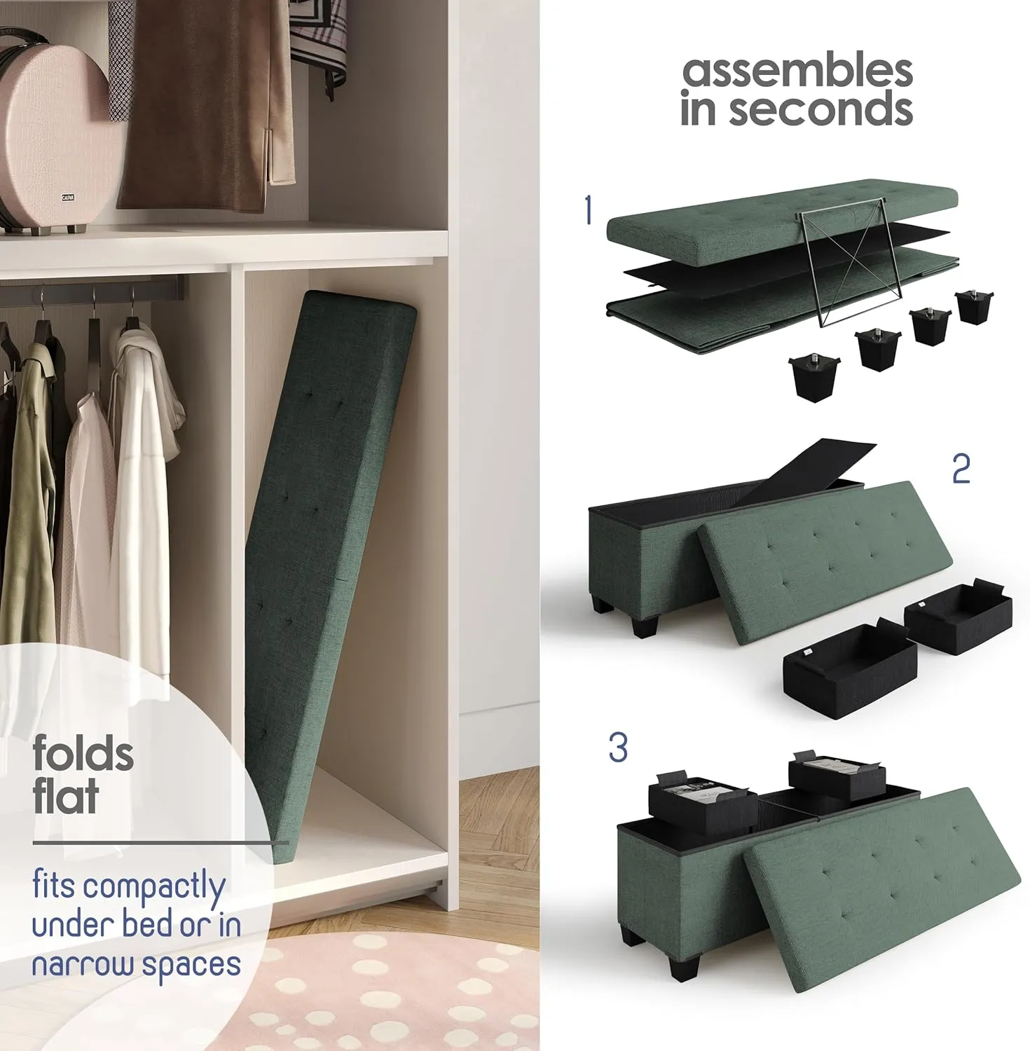 STORAGEBUD Storage Ottoman Bench with Bins, 43-in Storage Bench for Bedroom End of Bed, Folding Foot Rest Ottoman for Living Room Max 660lbs, Fabric Ottomans, Green