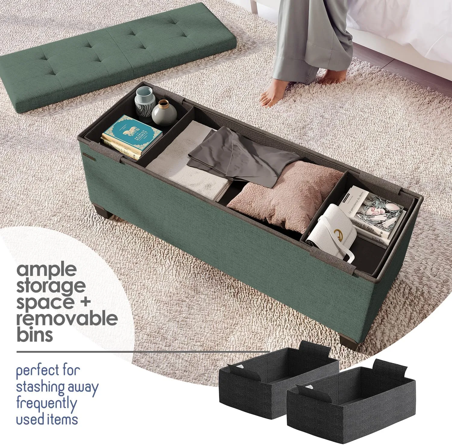 STORAGEBUD Storage Ottoman Bench with Bins, 43-in Storage Bench for Bedroom End of Bed, Folding Foot Rest Ottoman for Living Room Max 660lbs, Fabric Ottomans, Green
