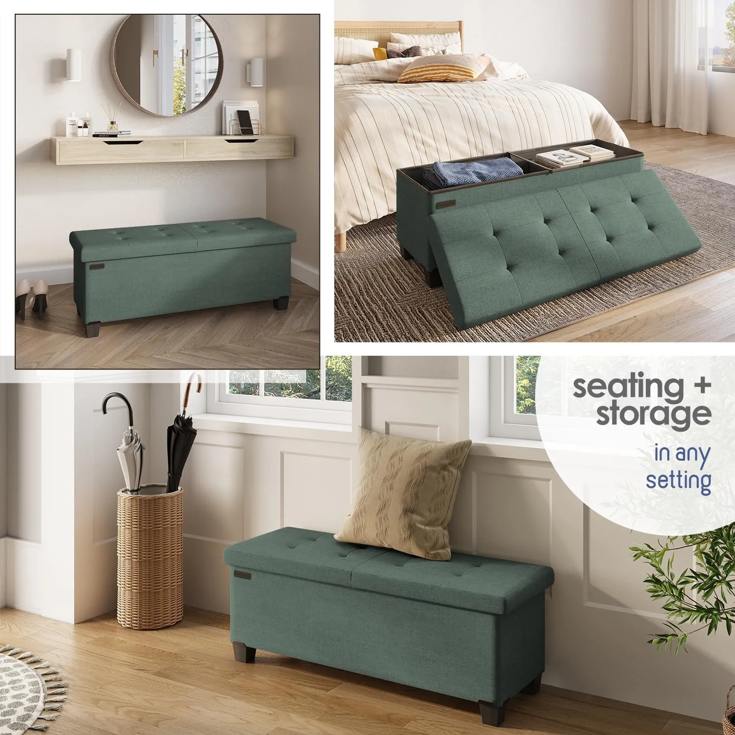 STORAGEBUD Storage Ottoman Bench with Bins, 43-in Storage Bench for Bedroom End of Bed, Folding Foot Rest Ottoman for Living Room Max 660lbs, Fabric Ottomans, Green