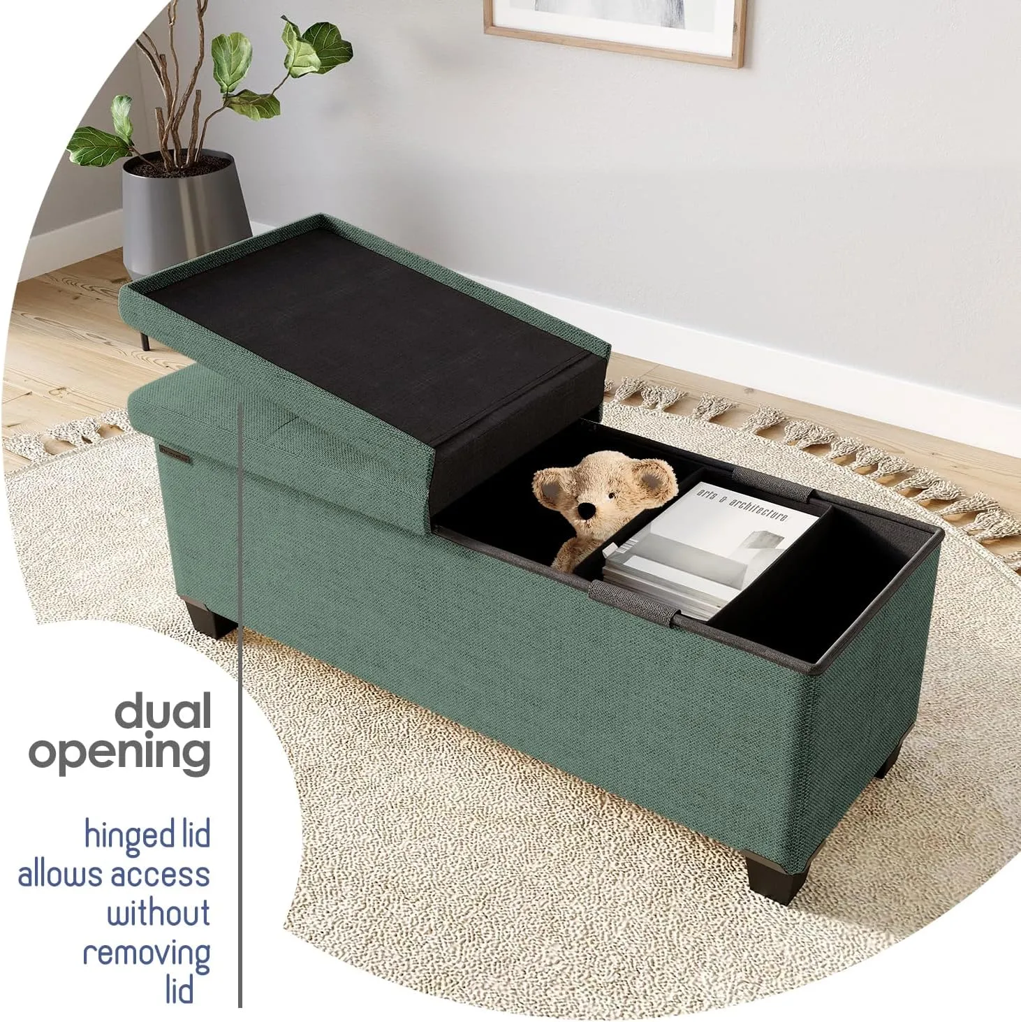 STORAGEBUD Storage Ottoman Bench with Bins, 43-in Storage Bench for Bedroom End of Bed, Folding Foot Rest Ottoman for Living Room Max 660lbs, Fabric Ottomans, Green