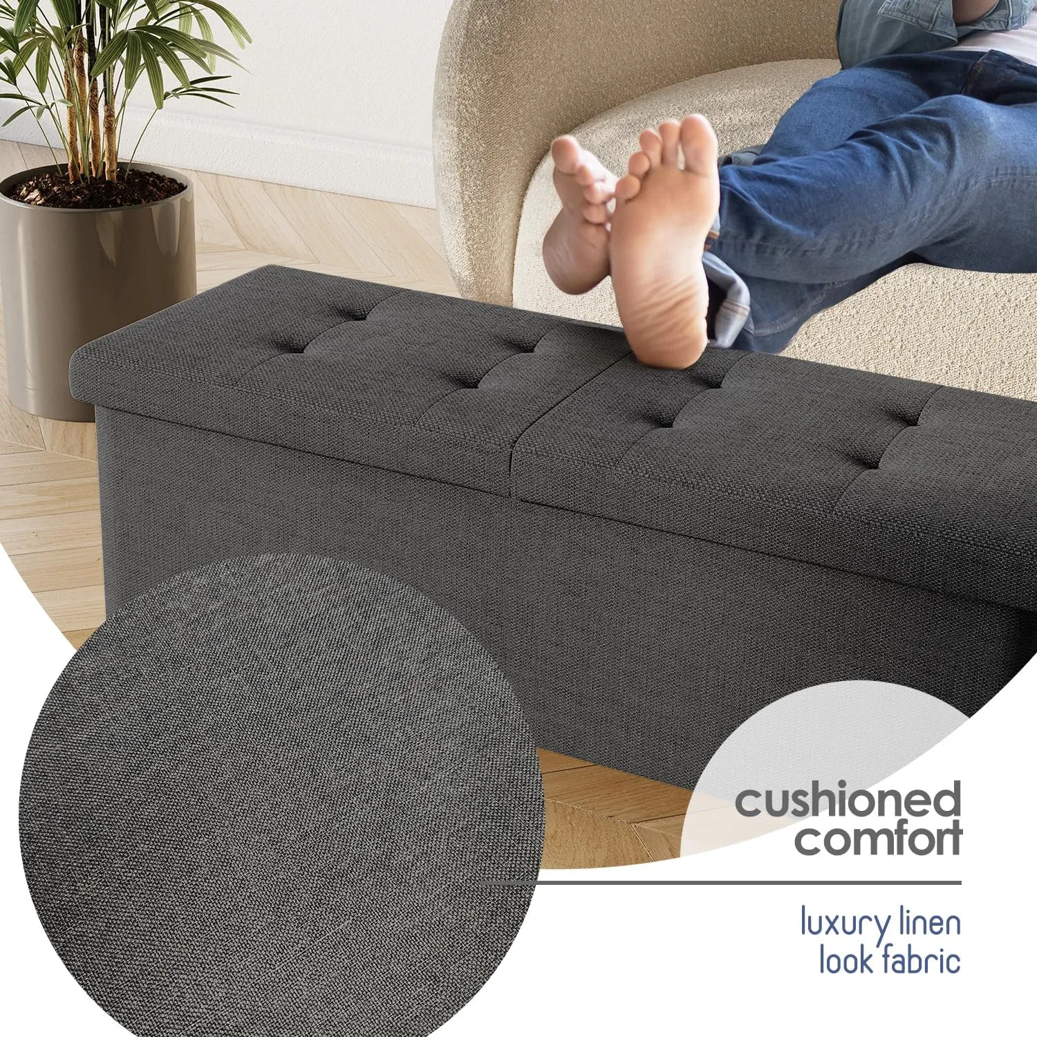 STORAGEBUD Storage Ottoman Bench with Bins, 43-in Storage Bench for Bedroom End of Bed, Folding Foot Rest Ottoman for Living Room Max 660lbs, Fabric Ottomans, Grey