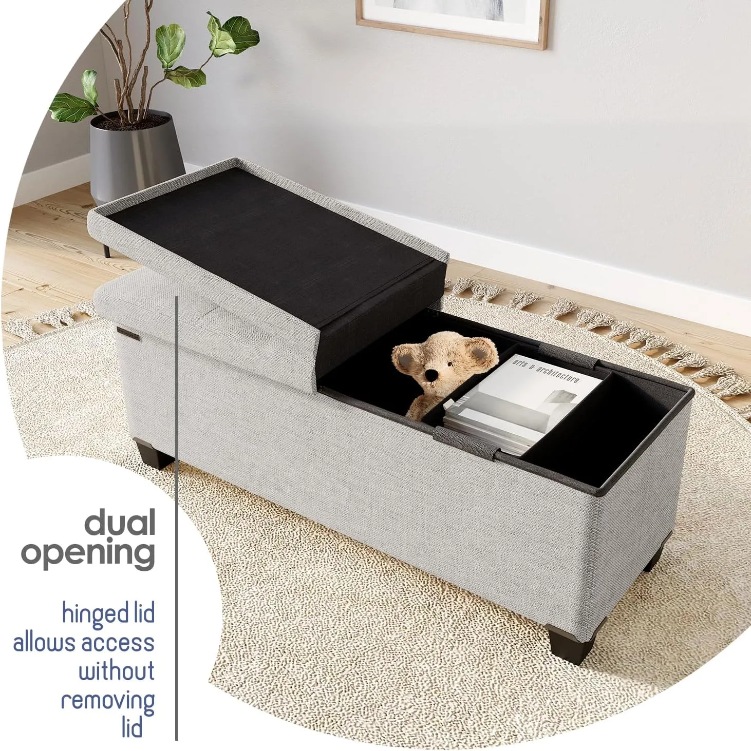 STORAGEBUD Storage Ottoman Bench with Bins, 43-in Storage Bench for Bedroom End of Bed, Folding Foot Rest Ottoman for Living Room Max 660lbs, Fabric Ottomans, Light Grey