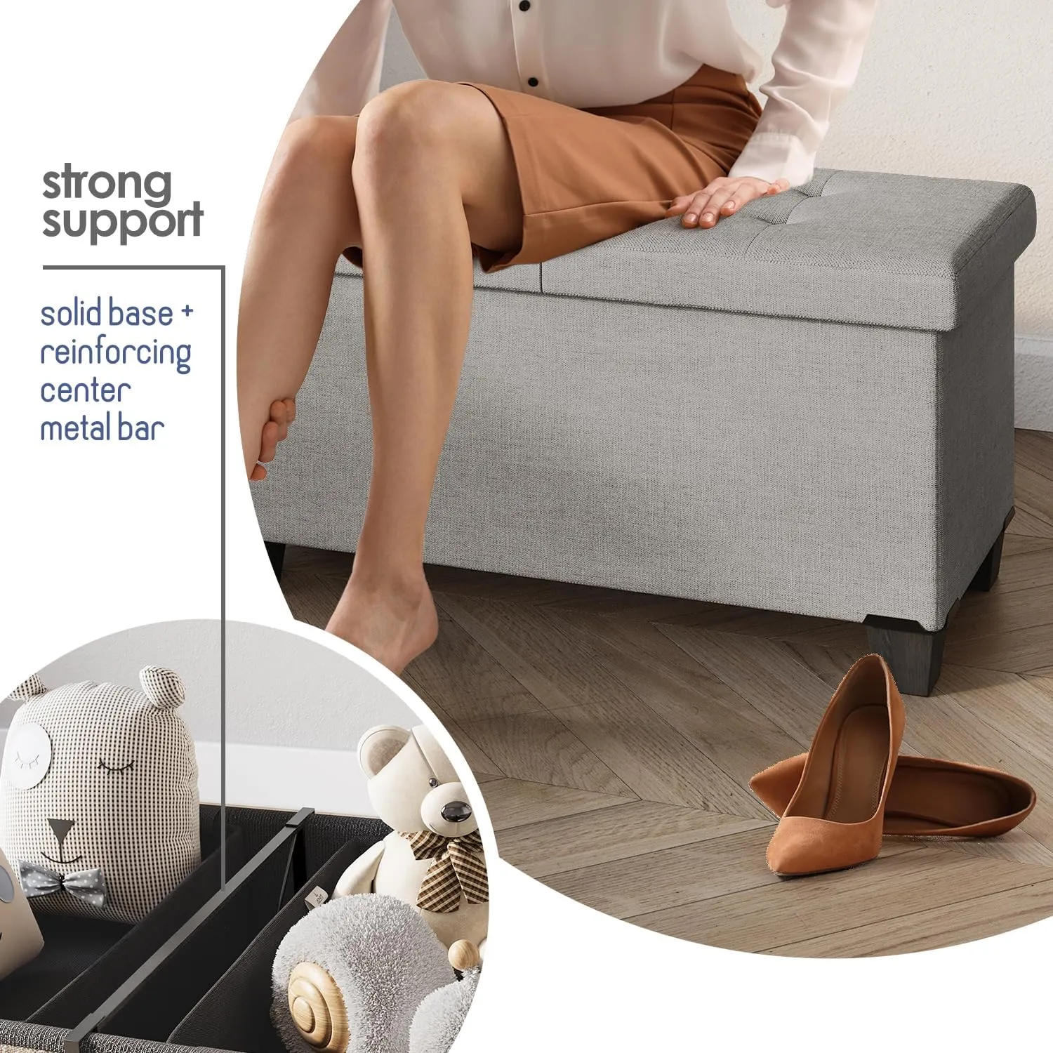 STORAGEBUD Storage Ottoman Bench with Bins, 43-in Storage Bench for Bedroom End of Bed, Folding Foot Rest Ottoman for Living Room Max 660lbs, Fabric Ottomans, Light Grey