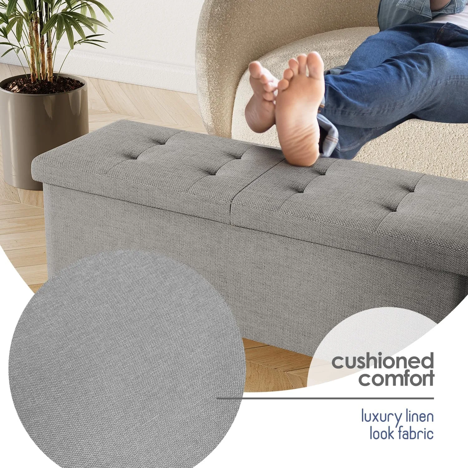 STORAGEBUD Storage Ottoman Bench with Bins, 43-in Storage Bench for Bedroom End of Bed, Folding Foot Rest Ottoman for Living Room Max 660lbs, Fabric Ottomans, Light Grey