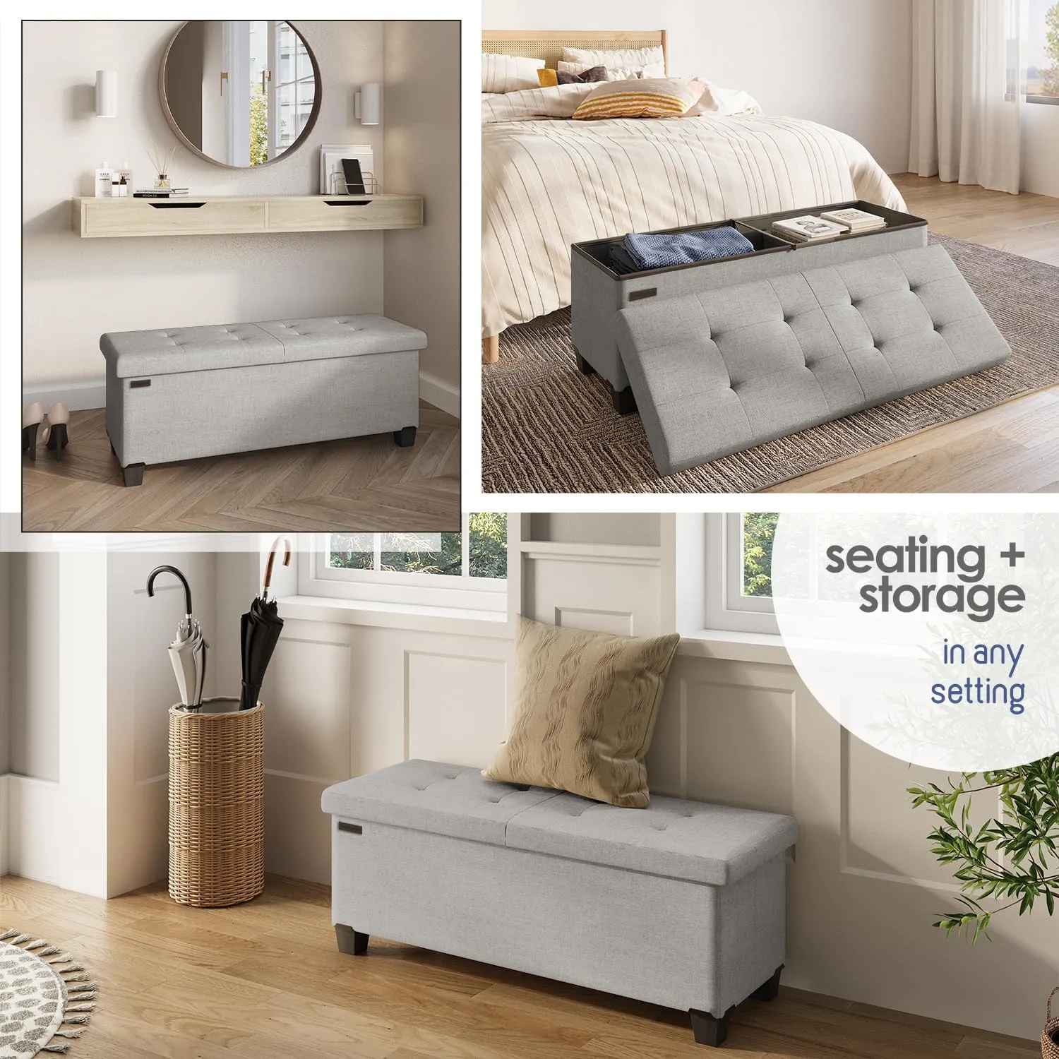 STORAGEBUD Storage Ottoman Bench with Bins, 43-in Storage Bench for Bedroom End of Bed, Folding Foot Rest Ottoman for Living Room Max 660lbs, Fabric Ottomans, Light Grey