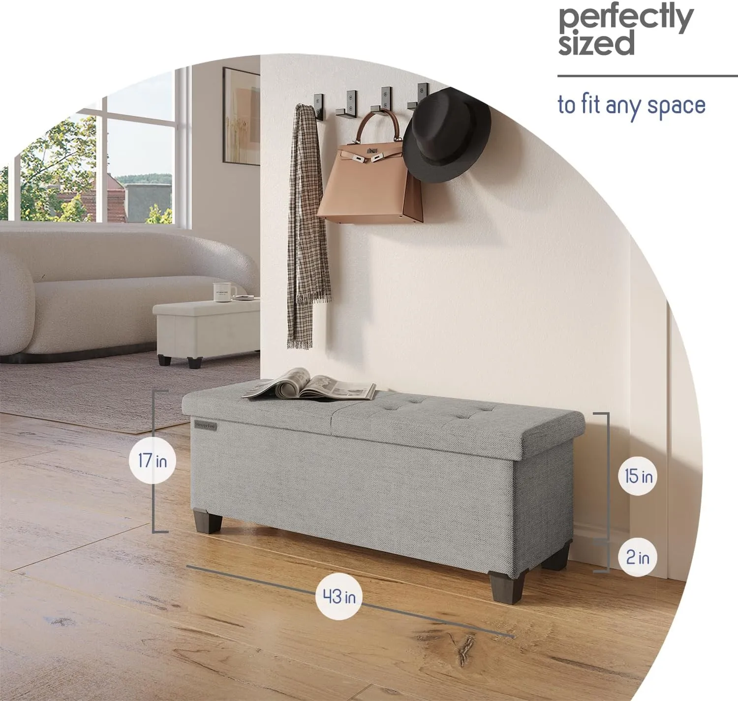 STORAGEBUD Storage Ottoman Bench with Bins, 43-in Storage Bench for Bedroom End of Bed, Folding Foot Rest Ottoman for Living Room Max 660lbs, Fabric Ottomans, Light Grey