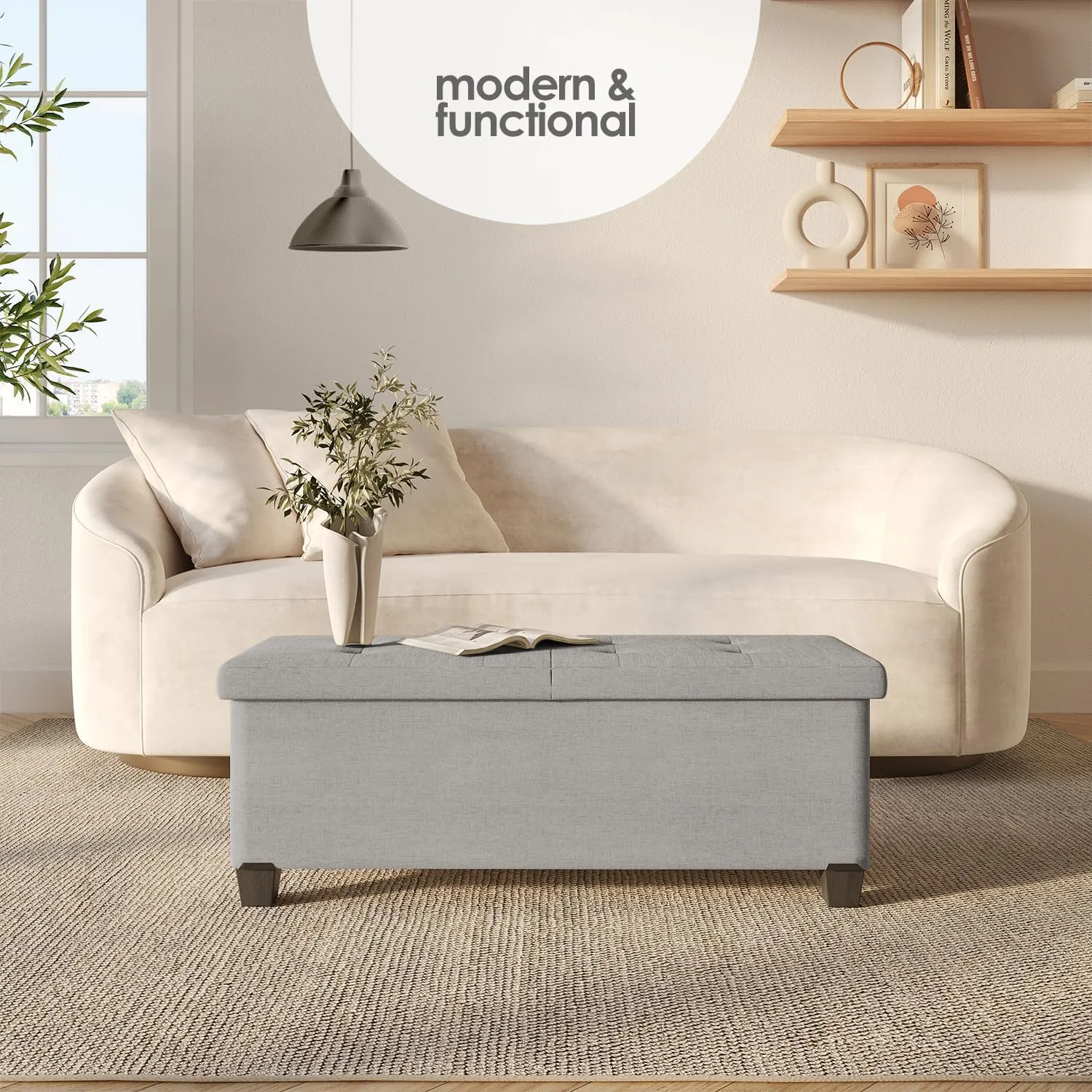STORAGEBUD Storage Ottoman Bench with Bins, 43-in Storage Bench for Bedroom End of Bed, Folding Foot Rest Ottoman for Living Room Max 660lbs, Fabric Ottomans, Light Grey