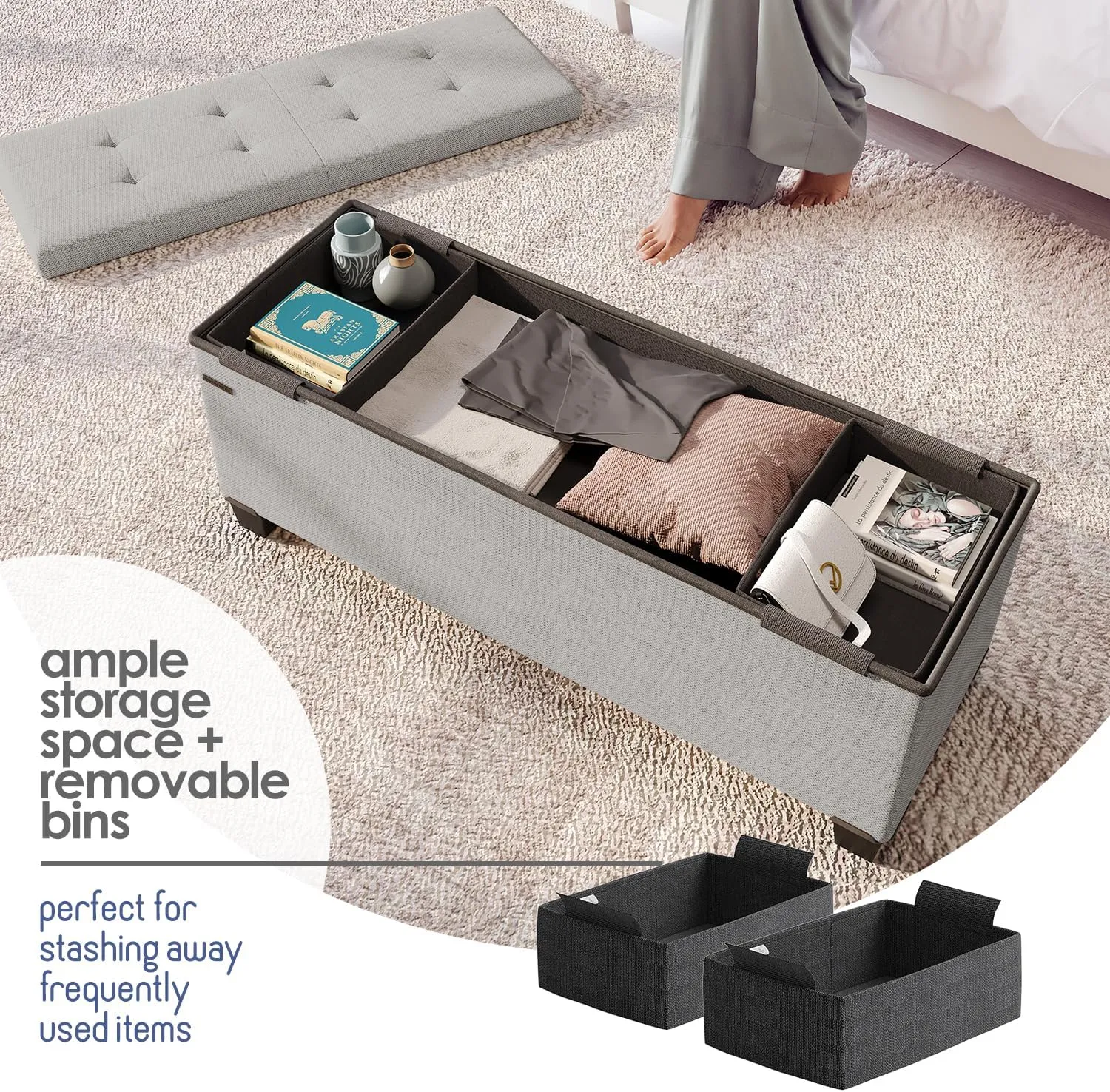 STORAGEBUD Storage Ottoman Bench with Bins, 43-in Storage Bench for Bedroom End of Bed, Folding Foot Rest Ottoman for Living Room Max 660lbs, Fabric Ottomans, Light Grey