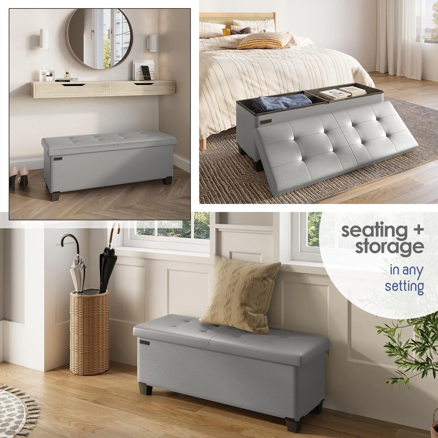 STORAGEBUD Storage Ottoman Bench with Bins, 43-in Storage Bench for Bedroom End of Bed, Folding Foot Rest Ottoman for Living Room Max 660lbs, Faux Leather Ottomans, Light Grey