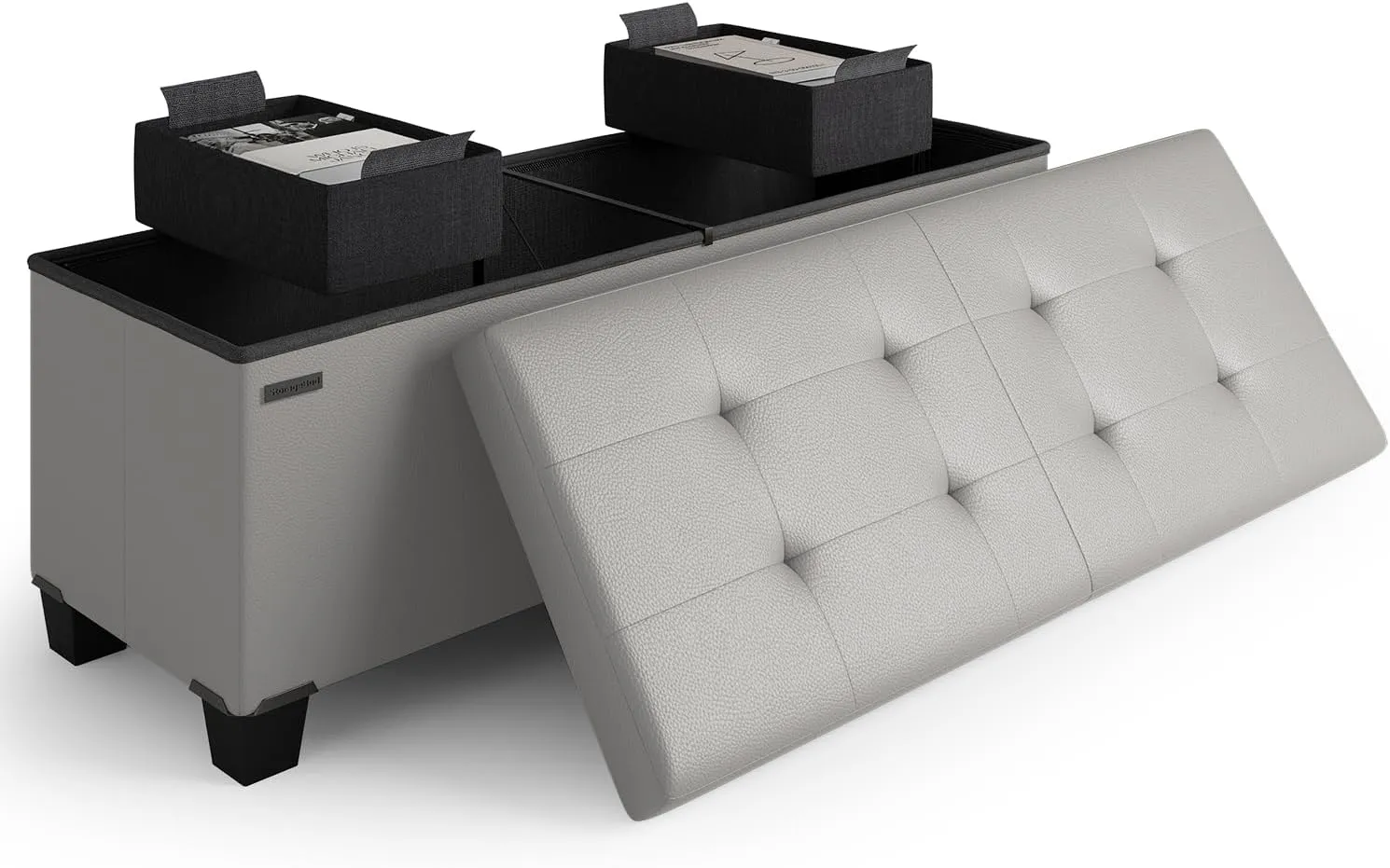 STORAGEBUD Storage Ottoman Bench with Bins, 43-in Storage Bench for Bedroom End of Bed, Folding Foot Rest Ottoman for Living Room Max 660lbs, Faux Leather Ottomans, Light Grey