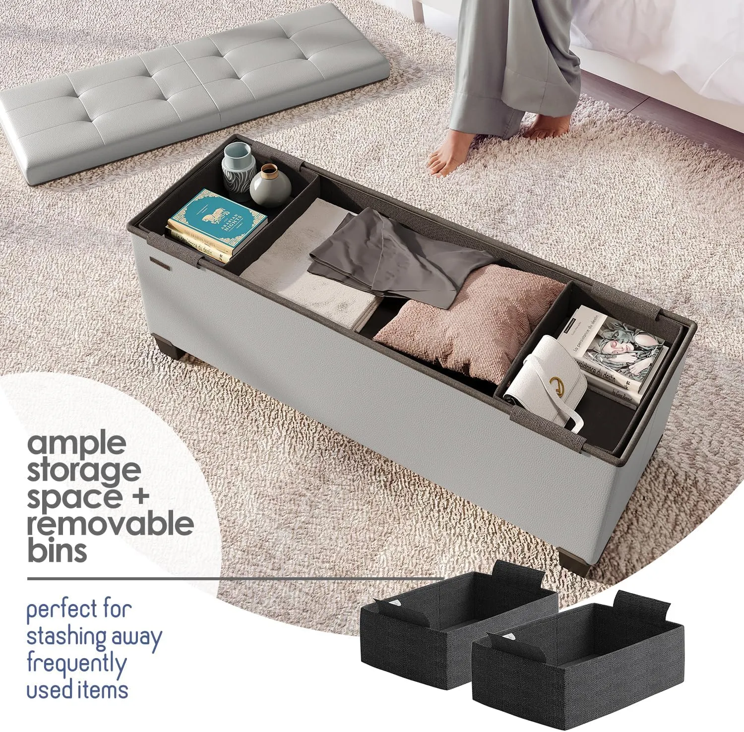 STORAGEBUD Storage Ottoman Bench with Bins, 43-in Storage Bench for Bedroom End of Bed, Folding Foot Rest Ottoman for Living Room Max 660lbs, Faux Leather Ottomans, Light Grey