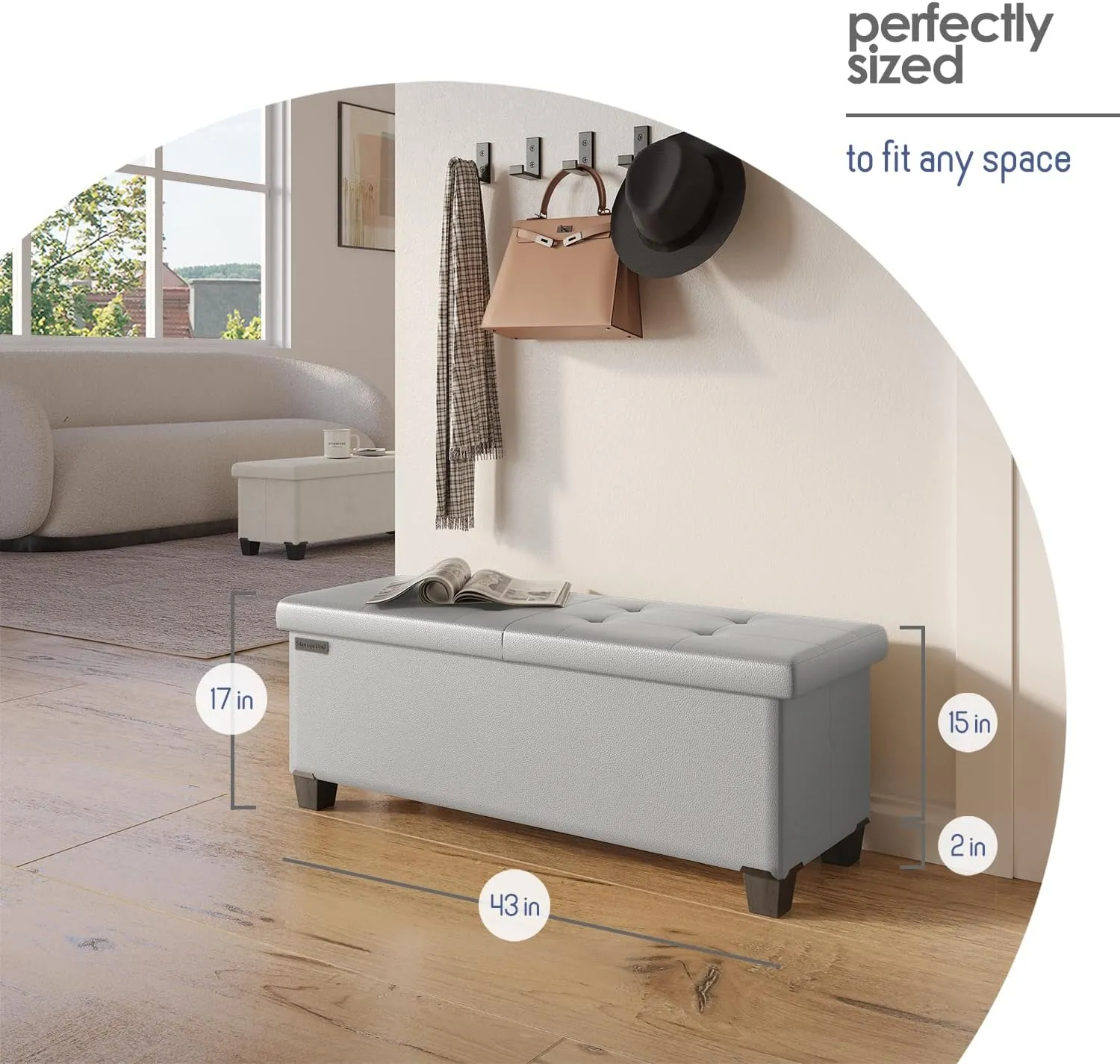 STORAGEBUD Storage Ottoman Bench with Bins, 43-in Storage Bench for Bedroom End of Bed, Folding Foot Rest Ottoman for Living Room Max 660lbs, Faux Leather Ottomans, Light Grey