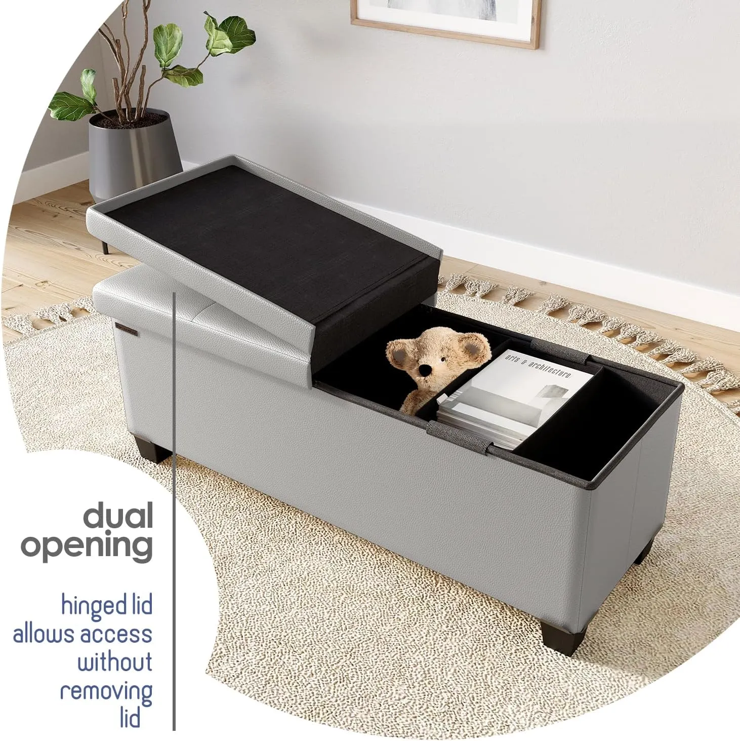 STORAGEBUD Storage Ottoman Bench with Bins, 43-in Storage Bench for Bedroom End of Bed, Folding Foot Rest Ottoman for Living Room Max 660lbs, Faux Leather Ottomans, Light Grey