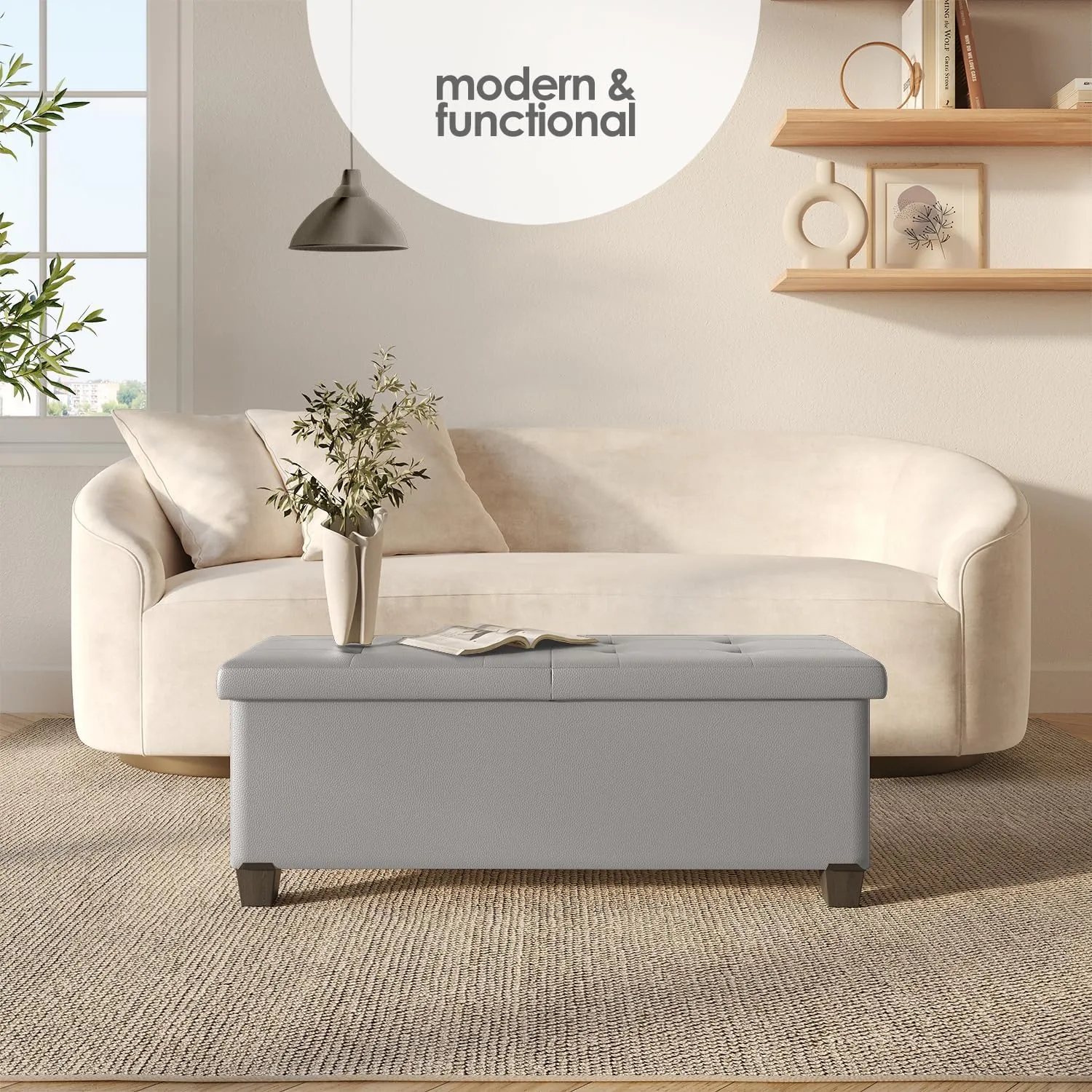 STORAGEBUD Storage Ottoman Bench with Bins, 43-in Storage Bench for Bedroom End of Bed, Folding Foot Rest Ottoman for Living Room Max 660lbs, Faux Leather Ottomans, Light Grey