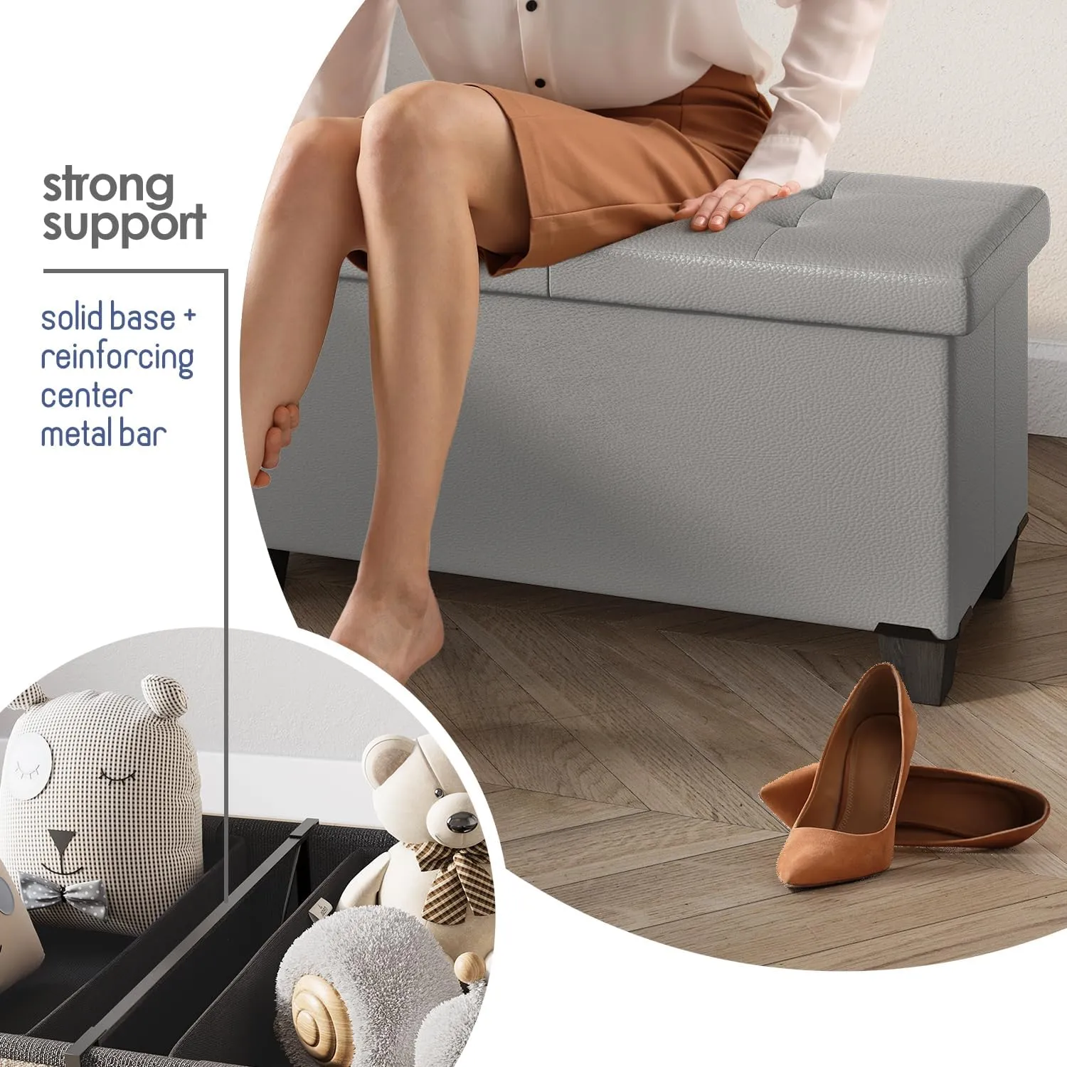 STORAGEBUD Storage Ottoman Bench with Bins, 43-in Storage Bench for Bedroom End of Bed, Folding Foot Rest Ottoman for Living Room Max 660lbs, Faux Leather Ottomans, Light Grey