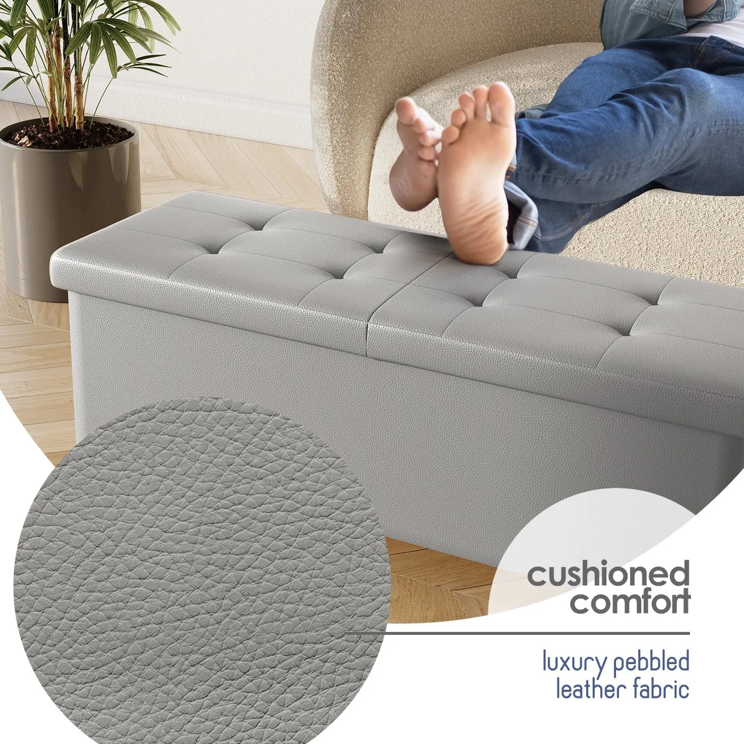 STORAGEBUD Storage Ottoman Bench with Bins, 43-in Storage Bench for Bedroom End of Bed, Folding Foot Rest Ottoman for Living Room Max 660lbs, Faux Leather Ottomans, Light Grey
