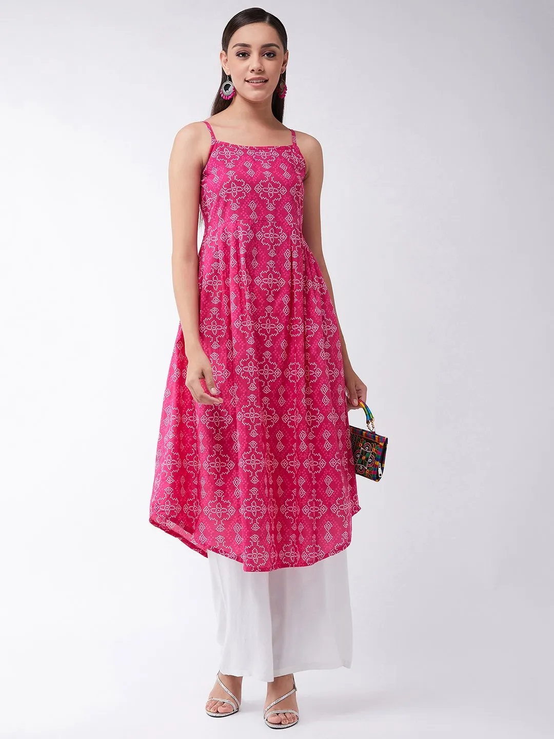 Strappy Kurta In Pink Bandhini