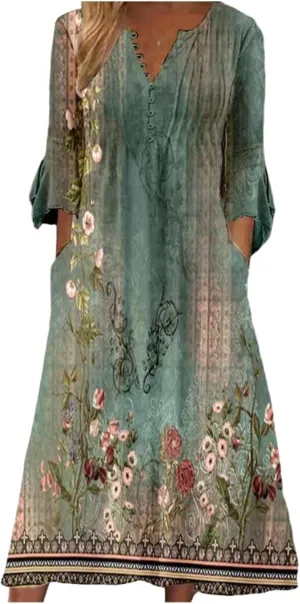 Summer Dress for Women Laid Back V Neck 3/4 Sleeve Midi Dress Vintage Print A Line Side Pockets Dresses