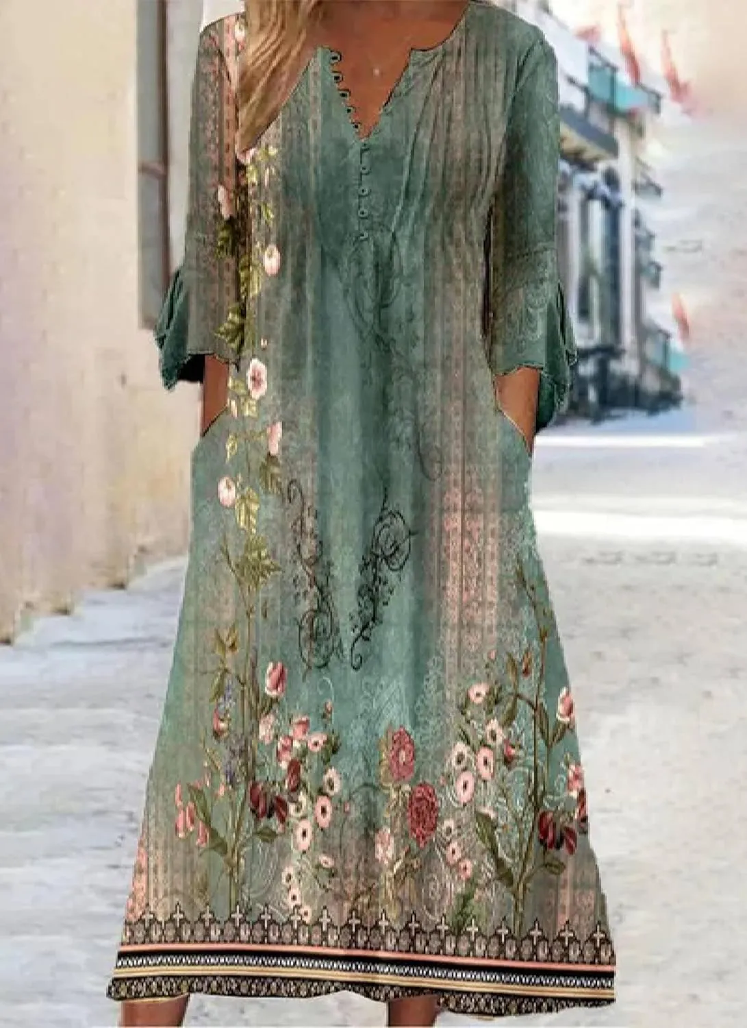 Summer Dress for Women Laid Back V Neck 3/4 Sleeve Midi Dress Vintage Print A Line Side Pockets Dresses