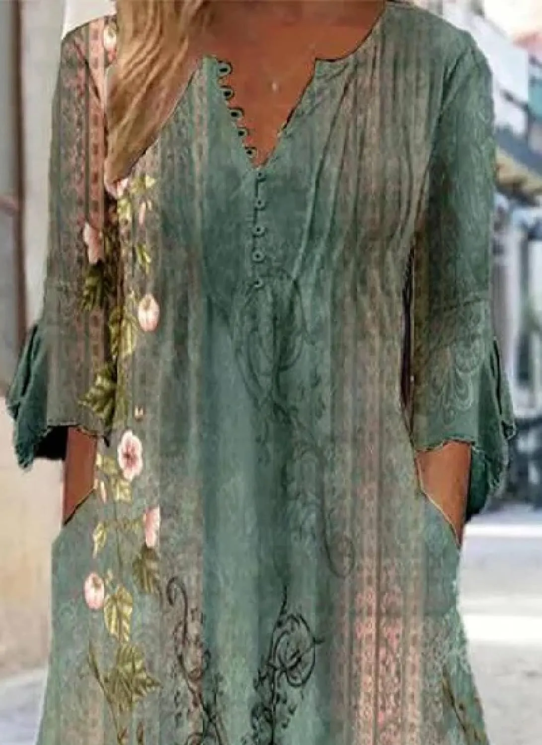 Summer Dress for Women Laid Back V Neck 3/4 Sleeve Midi Dress Vintage Print A Line Side Pockets Dresses