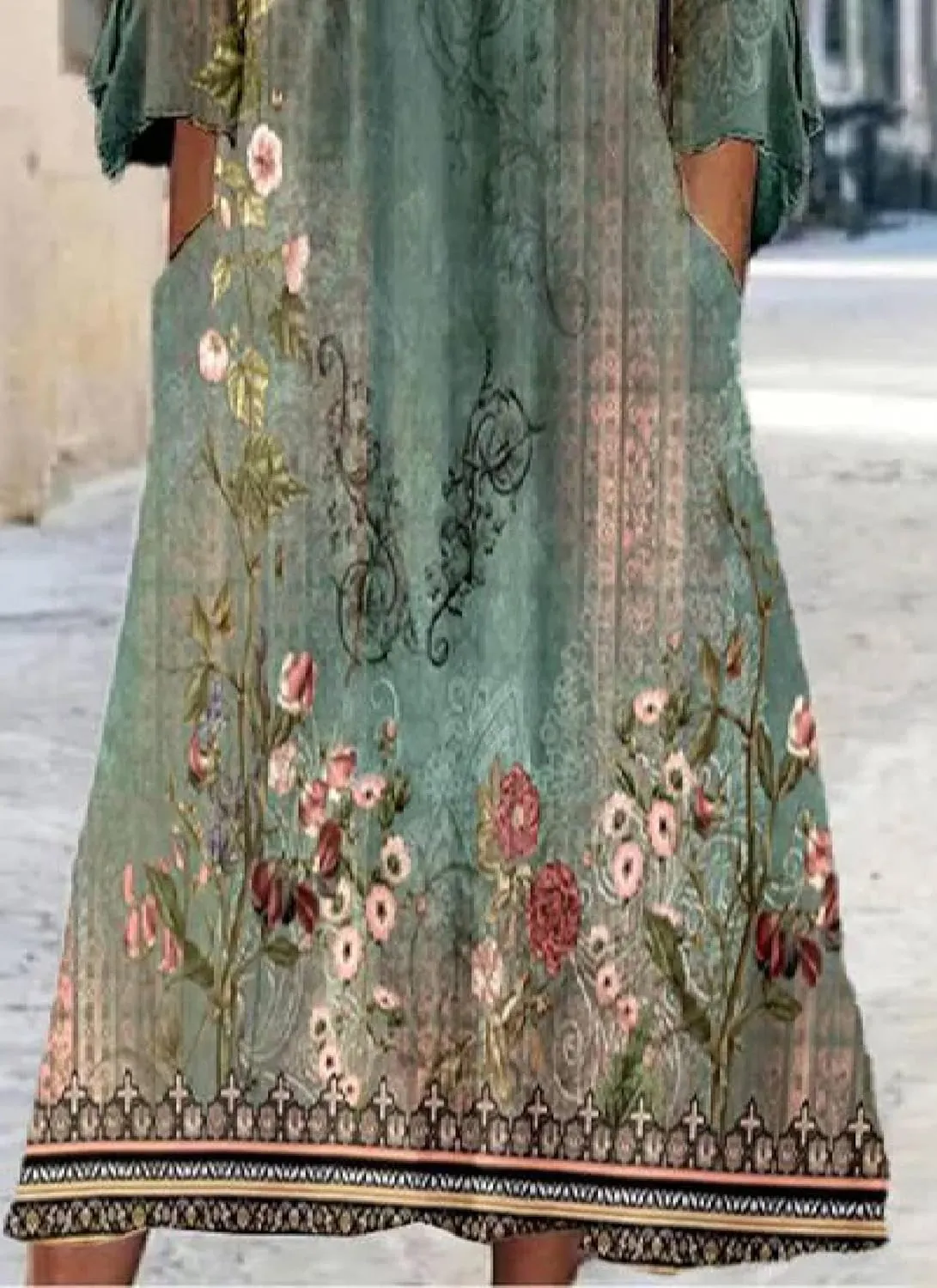 Summer Dress for Women Laid Back V Neck 3/4 Sleeve Midi Dress Vintage Print A Line Side Pockets Dresses