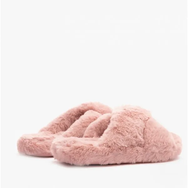 Ted Baker LOPPLY Womens Faux Fur Cross Over Slippers Dusky Pink