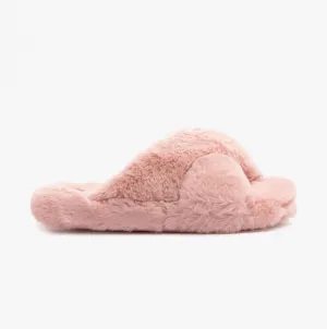 Ted Baker LOPPLY Womens Faux Fur Cross Over Slippers Dusky Pink