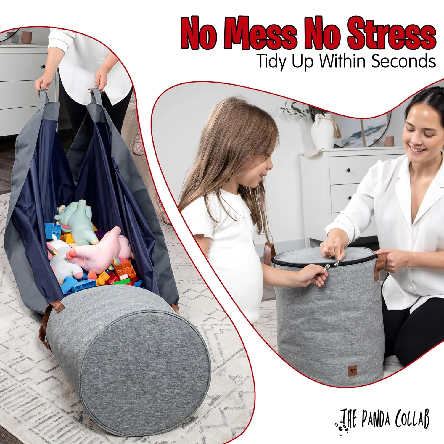 Toy Storage Basket and Playmat - Large Toy Blanket Storage Mat with Zippers - Slide Away Canvas Bag Storage Bin - Sturdy Kids Storage Baskets & Mat - Toy Bag Play Mat for Girls & Boys, Light Grey