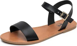 Trary Women's Dressy Summer Leather Flat Ankle Strap Gladiator Open Toe One Band Two Tone Adjustable Metal Buckle Comfortable Wedding Sandals