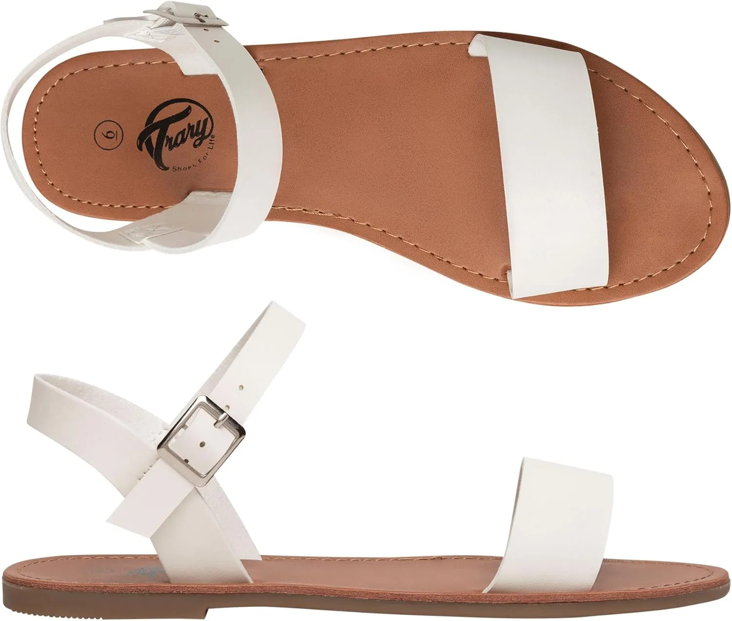 Trary Women's Dressy Summer Leather Flat Ankle Strap Gladiator Open Toe One Band Two Tone Adjustable Metal Buckle Comfortable Wedding Sandals