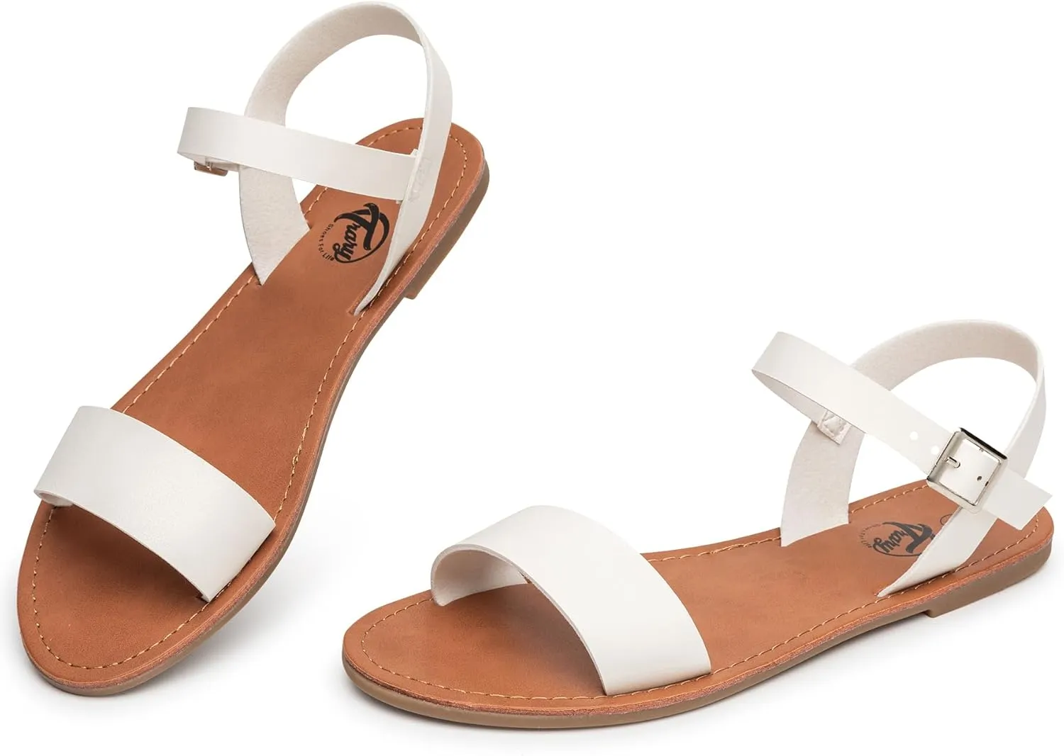 Trary Women's Dressy Summer Leather Flat Ankle Strap Gladiator Open Toe One Band Two Tone Adjustable Metal Buckle Comfortable Wedding Sandals