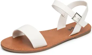 Trary Women's Dressy Summer Leather Flat Ankle Strap Gladiator Open Toe One Band Two Tone Adjustable Metal Buckle Comfortable Wedding Sandals