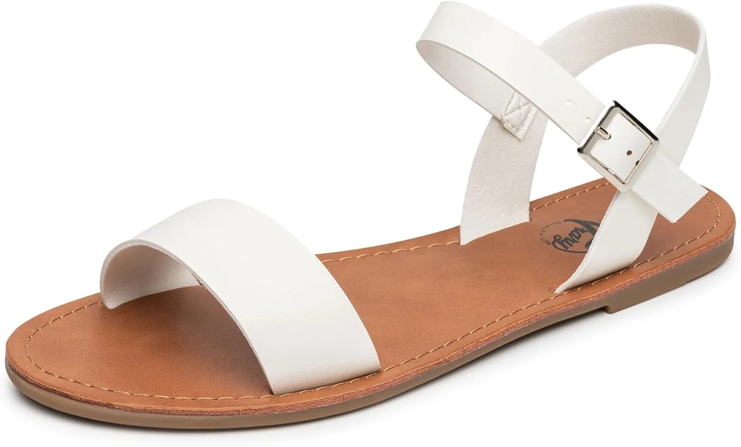 Trary Women's Dressy Summer Leather Flat Ankle Strap Gladiator Open Toe One Band Two Tone Adjustable Metal Buckle Comfortable Wedding Sandals